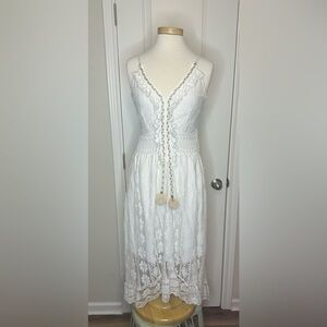 White Lace Dress with Pom Pom Details